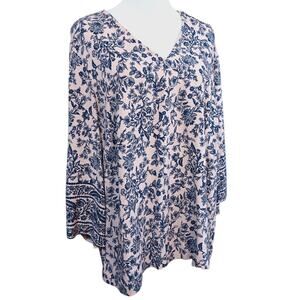 J. JILL Blouse Top XL Romantic Blue‎ Floral Pink V-Neck Career Comfort Travel
